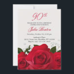 Invitación Rosas rojas, flores blancas 90 cumpleaños<br><div class="desc">Elegante invitación a la fiesta de cumpleaños número 90 con rosas rojas y flores blancas pequeñas.</div>