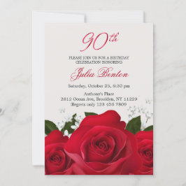 Invitación Rosas rojas, flores blancas 90 cumpleaños