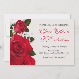 Invitación Rosas rojas, flores blancas 90 cumpleaños