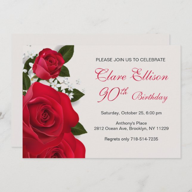 Invitación Rosas rojas, flores blancas 90 cumpleaños (Anverso / Reverso)