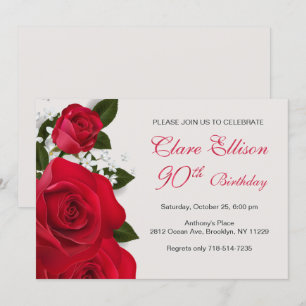 Invitación Rosas rojas, flores blancas 90 cumpleaños
