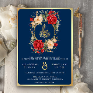 Invitación Rosas rojas flores de marfil azul bodas musulmanas
