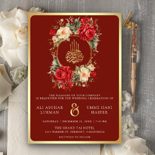 Invitación Rosas rojas flores de marfil granate Boda musulman