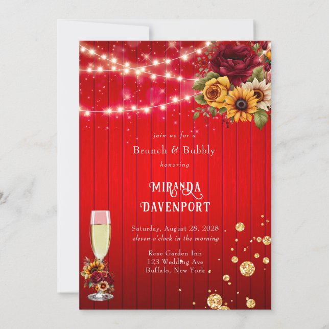 Invitación Rosas rojas girasoles luz purpurina brunch y burbu (Anverso)