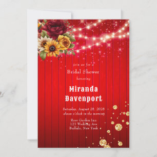 Invitación Rosas rojas girasoles luz purpurina ducha de novia
