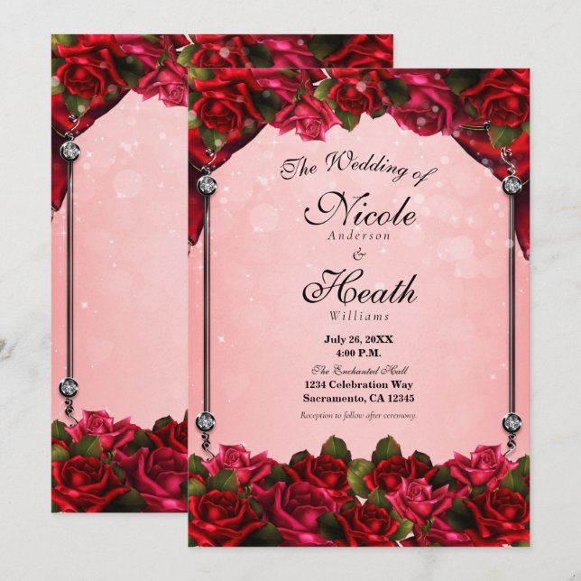 Invitación Rosas Rojas & Glamour Rosa Boda (Anverso / Reverso)