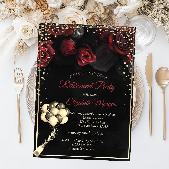 Invitación Rosas rojas, globos de diamantes Parte de jubilaci (Subido por el creador)