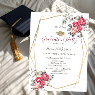 Invitación Rosas rojas, gorra de graduación, graduación