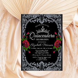 Invitación Rosas Rojas Gótic Black Stripes Quinceañera