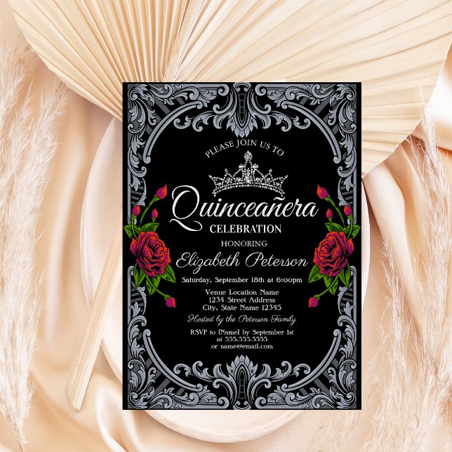 Invitación Rosas Rojas Gótic Black Stripes Quinceañera (Subido por el creador)