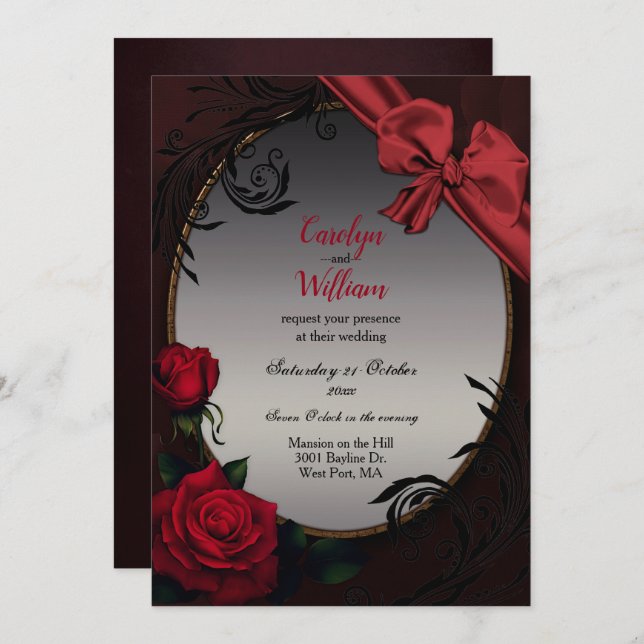 Invitación Rosas rojas góticas y Boda de Bow  (Anverso / Reverso)