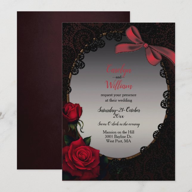 Invitación Rosas rojas góticas y Boda de encaje negro (Anverso / Reverso)