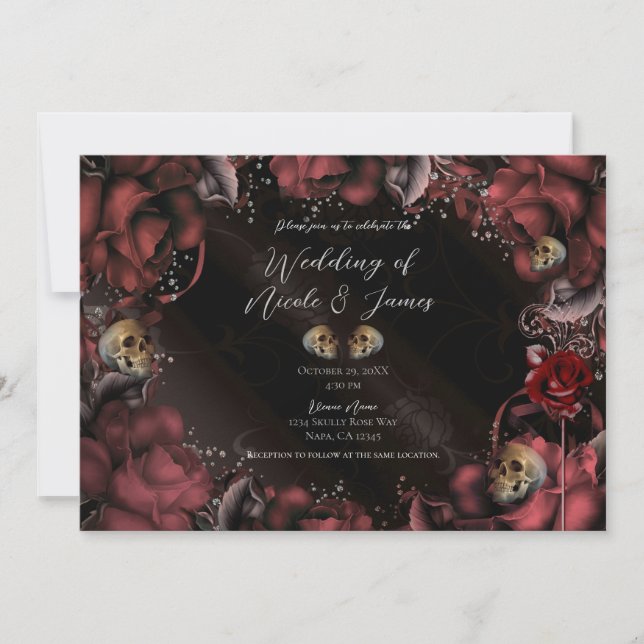 Invitación Rosas rojas granate oxidadas y cráneos boda gótica (Anverso)