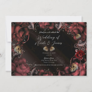 Invitación Rosas rojas granate oxidadas y cráneos boda gótica