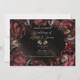 Invitación Rosas Rojas Herrumbre Granate y Calaveras Boda Gót