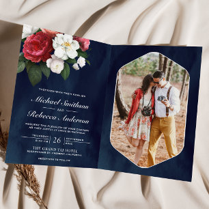 Invitación Rosas Rojas Magnolia Blanca Código QR Bodas Azul M