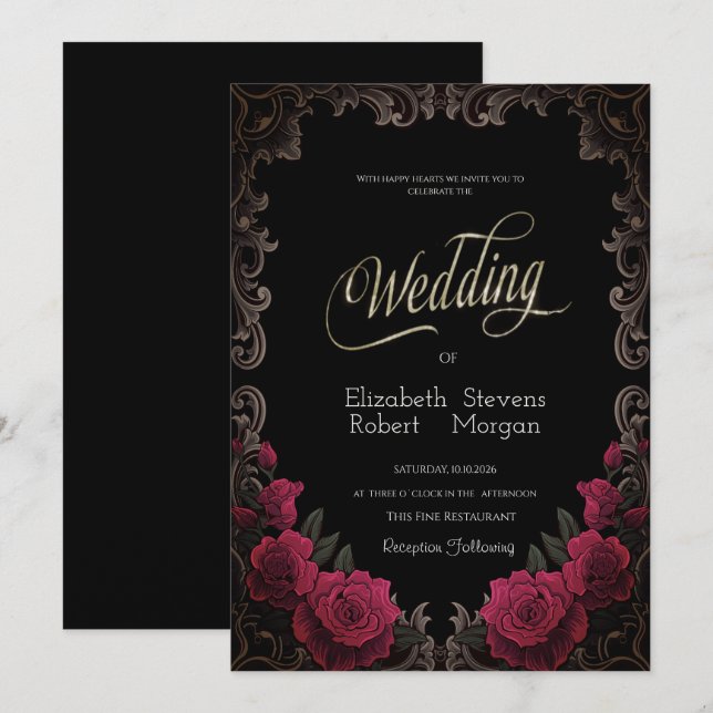 Invitación Rosas Rojas Marco Antiguo Boda Gótica (Anverso / Reverso)