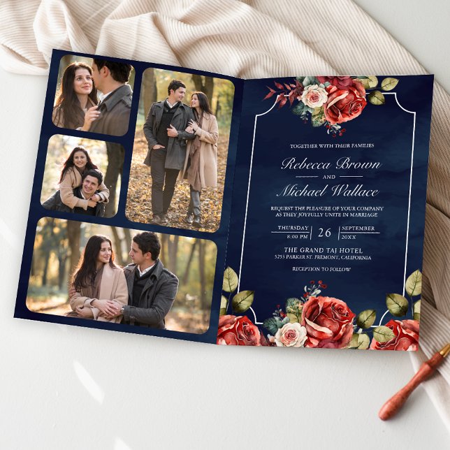 Invitación Rosas Rojas Marco Floral Azul Marino Código QR Bod (Subido por el creador)