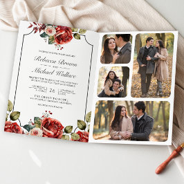Invitación Rosas Rojas Marco Floral Foto Código QR Boda