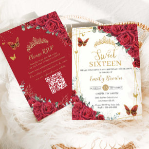 Invitación Rosas Rojas Mariposas Doradas Dulces Dieciséis QR