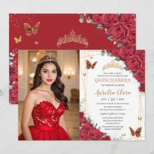 Invitación Rosas Rojas Mariposas Doradas Quinceañera Foto