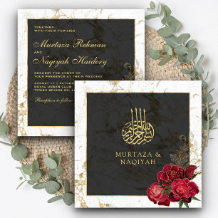 Invitación Rosas Rojas Mármol Dorado Negro Boda Musulmana Isl