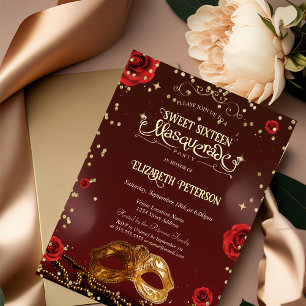 Invitación Rosas Rojas Máscara Perlas Dulces 16