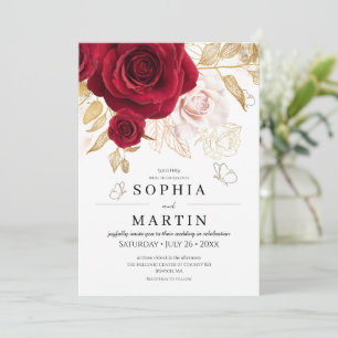 Invitación Rosas rojas modernas elegantes flores boda oro 