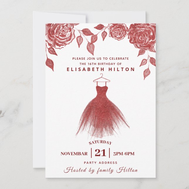 Invitación Rosas rojas moderno vestido Purpurina dulce diecis (Anverso)