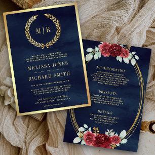 Invitación Rosas Rojas Monograma Todo en Uno Bodas Azul Marin
