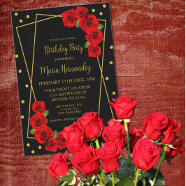 Invitación Rosas Rojas Negra y Cumpleaños de Oro