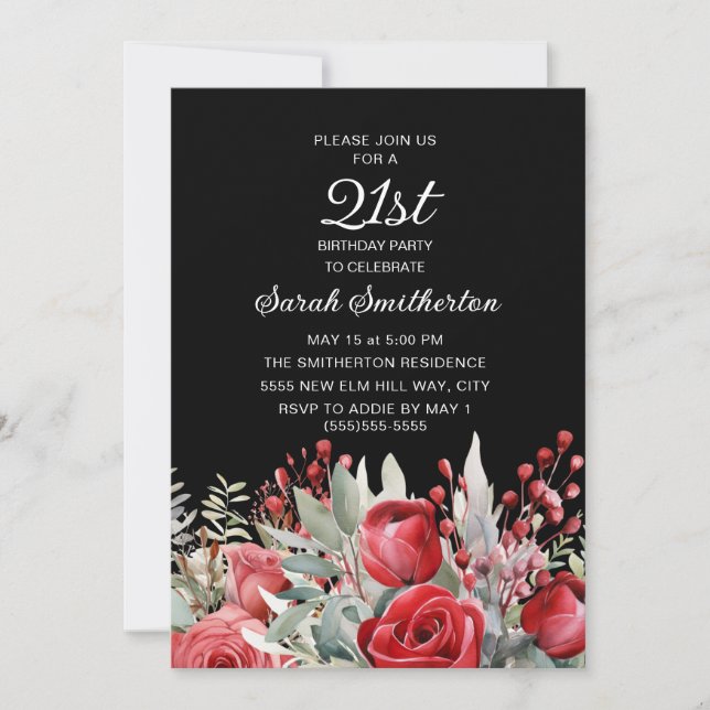 Invitación Rosas Rojas Negras 21 cumpleaños (Anverso)
