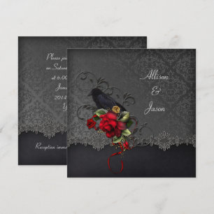 Invitación Rosas Rojas Negras Damask Gris Cuervo