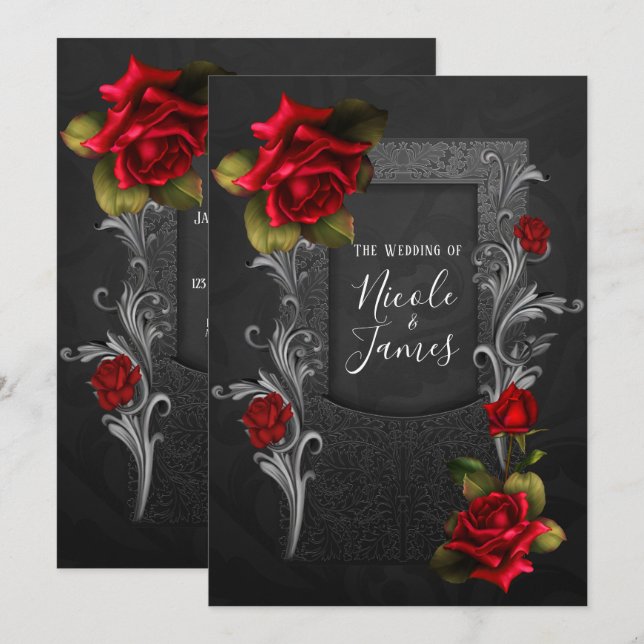 Invitación Rosas rojas negras ornamentadas bodas góticas (Anverso / Reverso)