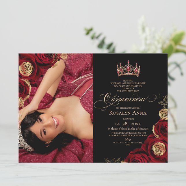 Invitación Rosas rojas negras Princesa Quinceañera  (Anverso de pie)