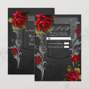Invitación Rosas Rojas Negras Respuesta RSVP de Boda Glam Orn