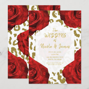 Invitación Rosas rojas oro blanco Chita Leopardo Chic Boda