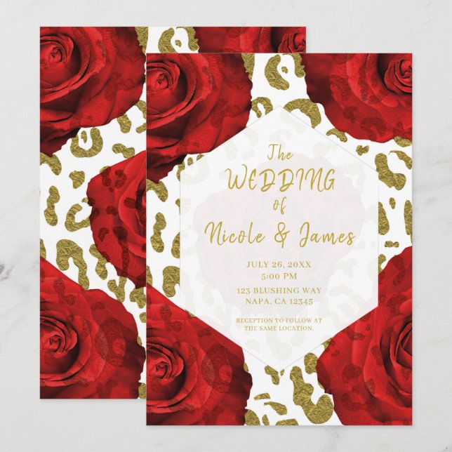Invitación Rosas Rojas Oro Blanco Guepardo Leopardo Chic Boda (Anverso / Reverso)
