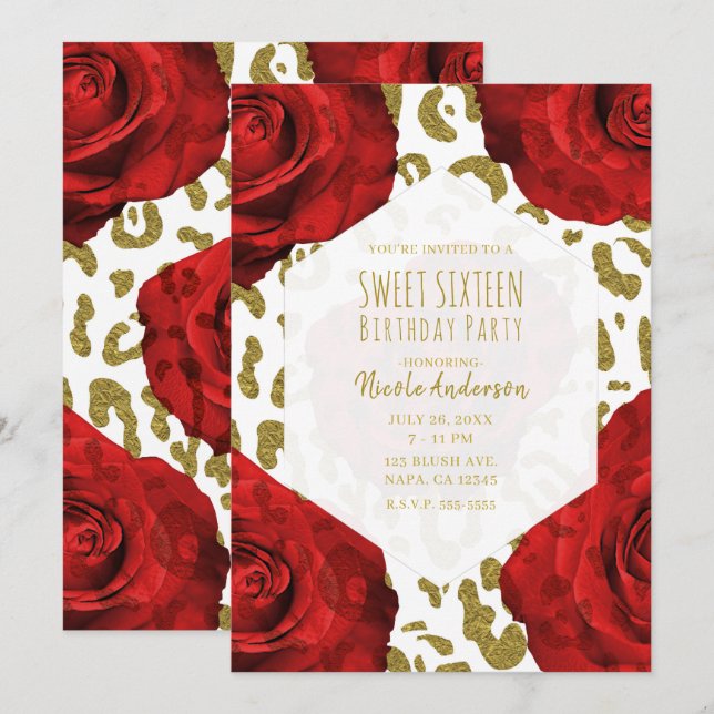 Invitación Rosas rojas oro blanco Guepardo Leopardo Dulces 16 (Anverso / Reverso)