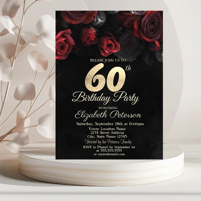 Invitación Rosas Rojas Oro Negro Cumpleaños 60  (Subido por el creador)
