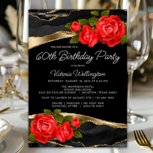 Invitación Rosas Rojas Oro Negro Cumpleaños Cualquier Número
