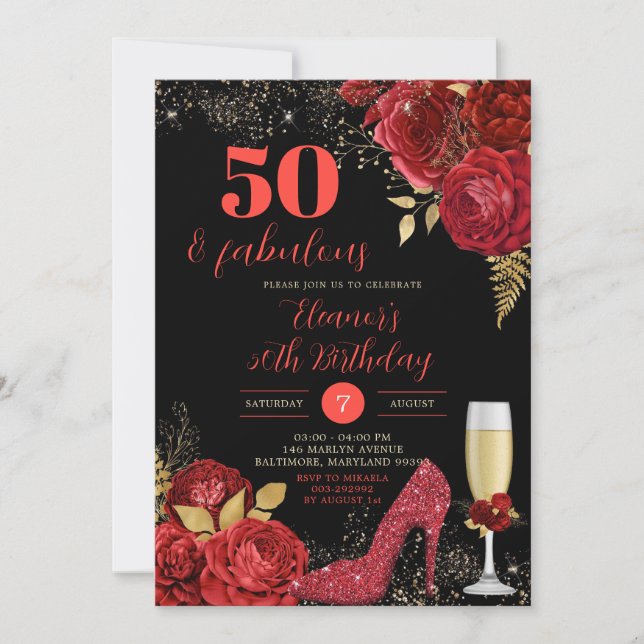 Invitación Rosas Rojas Oro Stiletto Heels Adultos Cumpleaños (Anverso)