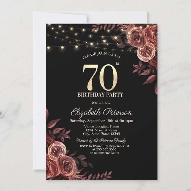 Invitación Rosas Rojas Oscuras, Rayas de cuerda Black 70 cump (Anverso)