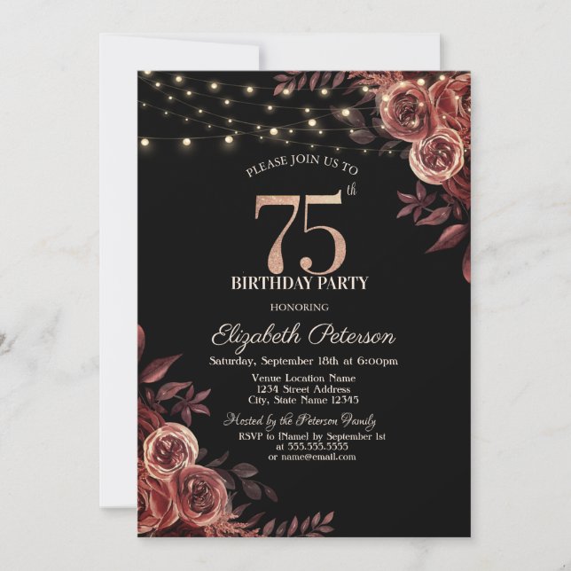 Invitación Rosas Rojas Oscuras, Rayas de cuerda Black 75th Bi (Anverso)