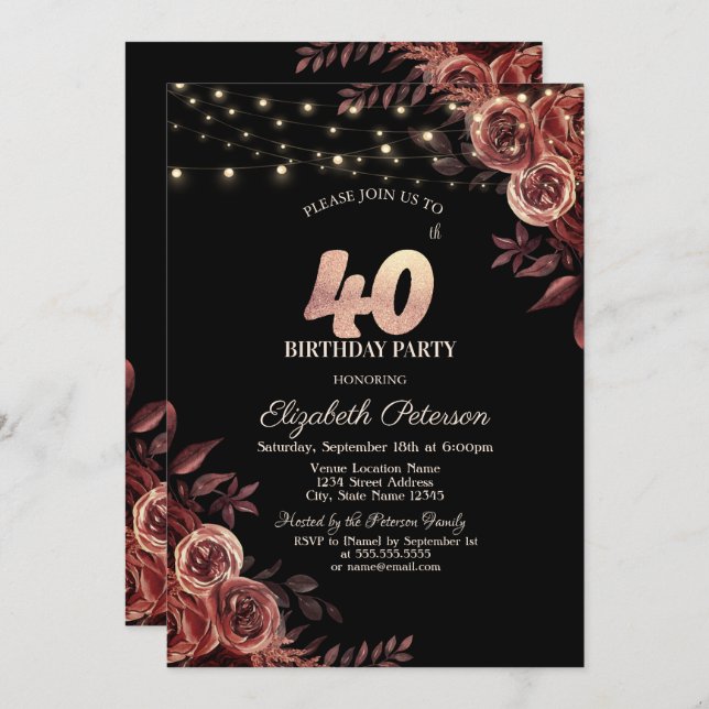 Invitación Rosas rojas oscuras, String Lights Black 40 Cumple (Anverso / Reverso)