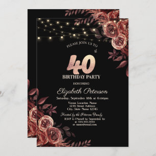 Invitación Rosas rojas oscuras, String Lights Black 40 Cumple