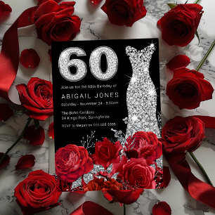 Invitación Rosas Rojas Plata Diamonte Vestido 60 cumpleaños