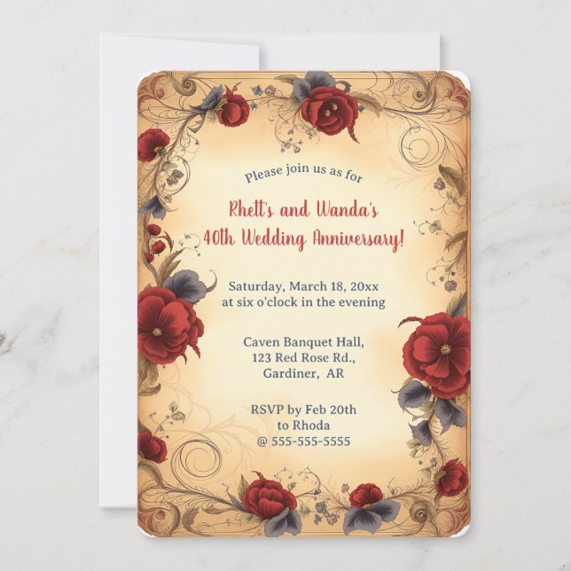 Invitación Rosas rojas profundas románticas editables (Anverso)