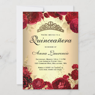 Invitación Rosas Rojas Quinceañera Dorada