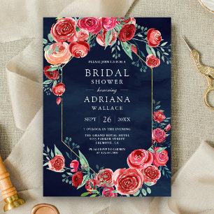 Invitación Rosas Rojas Ramo Floral Azul Marino Despedida de S